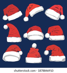 Collection of Red Santa Claus Hats isolated on blue background.