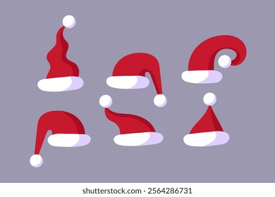 Collection of Red Santa Claus Hats isolated on gray background. Holiday cap to Xmas 2025. Flat Vector Illustration in cartoon style.