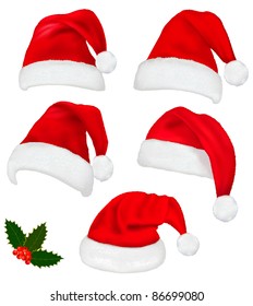 Collection Of Red Santa Hats With And Christmas Holly. Vector.