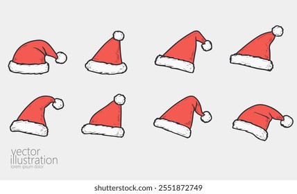 Collection of red Santa hats festive holiday celebration decor. Bright red, fluffy hats add to character holiday template Christmas magic clothing tradition vector illustration