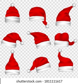 Collection of red santa hats.  New Year Red Hat Isolated on White Background. Vector illustration.