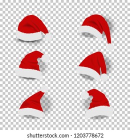 Collection of red santa hats on transparent background.