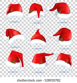 Collection of red santa hats. Set caps of Santa Claus on transparent background. vector