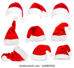 Collection of red santa hats. Vector. 