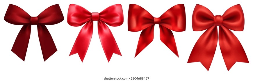Collection of Red Satin Gift Bows and Ribbons Isolated on White Background. Luxury Decorative Elements for Holiday Packaging and Celebration Design.