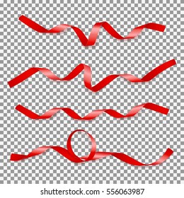 Collection of red satin ribbons. Set of curved tapes isolated on transparent background. Vector illustration.