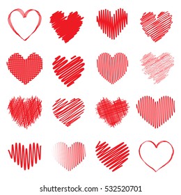 Collection of red scribble heart symbols isolated on a white background. Vector illustration 