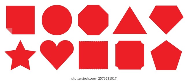 A collection of red shapes including a circle, square, triangle, star, and heart. Red shapes in various geometric forms. Bold red shapes for design use. Memo element vector set.