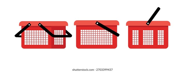 Collection of red shopping baskets in flat design. Set of empty shopping basket. Supermarket shopping basket. 