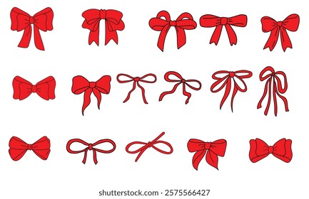 Collection of Red Silhouette Bow Icons with Elegant Ribbons and Ties  Hand Drawn Weddings Birthday Party Stickers. Bow Tie Design and Trendy Hair Braiding Elements. Set of Hand drawing bows