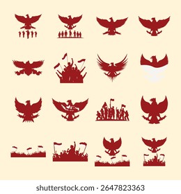 Collection of red silhouette images, featuring eagles, crowds holding flags, and various compositions,  exhibiting a patriotic theme.  The designs convey a sense of unity, celebration, 