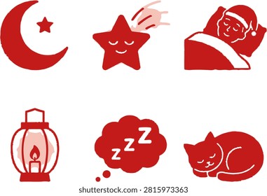 Collection of red sleep related graphics for nocturnal themes. Useful for lullaby apps bedtime stories or rest related businesses.
