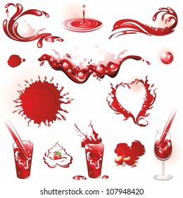 Colección de salpicaduras rojas. Jugo y vid. (ilustración vectorial).