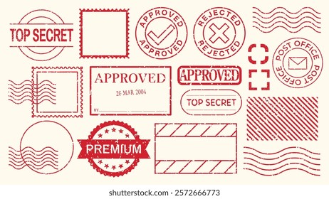 Collection of red stamps with 'Approved,' 'Rejected,' 'Top Secret,' and 'Premium' labels. Includes postal marks and decorative borders. Red vintage stamps, vector set.