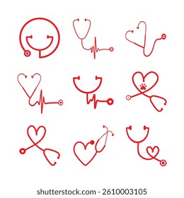 Collection of Red Stethoscope Illustrations Forming Hearts and Healthcare Themes