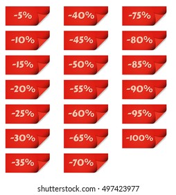 Collection of red stick tags for percentage discounts. Illustration tags isolated on white background contains numbers with percentage discount.