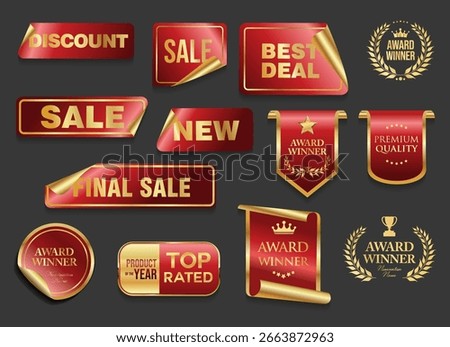 Collection of red stickers with rounded corners icon set of red sale discount best price new product labels. Icons, flat vector illustrations 