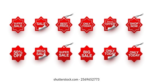 Collection of red stickers or vector sale icons. special offer, shop now, big sale, only today, sale, best price, Sale, 50% off