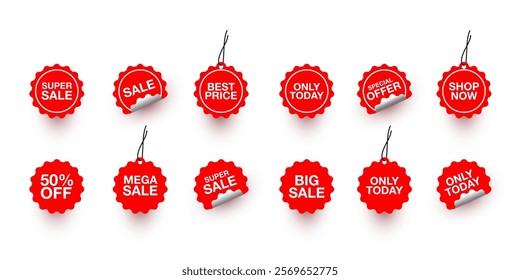 Collection of red stickers or vector sale icons. shop now, big sale, sale, only today, special offer, best price, Sale, 50% off