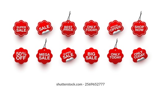 Collection of red stickers or vector sale icons. Sale, shop now, only today, special offer, best price, Sale, 50% off, big sale