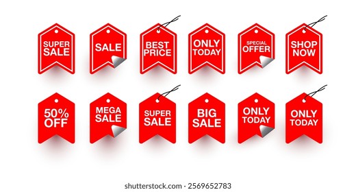 Collection of red stickers or vector sale icons. Sale, best price, special offer, 50% off, big sale, shop now, only today