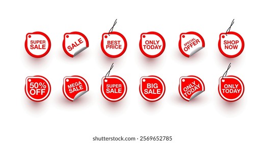 Collection of red stickers or vector sale icons. special offer, big sale, shop now, only today, sale, best price, 50% off