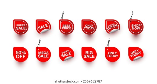 Collection of red stickers or vector sale icons. shop now, sale, only today, special offer, best price, Sale, 50% off, big sale