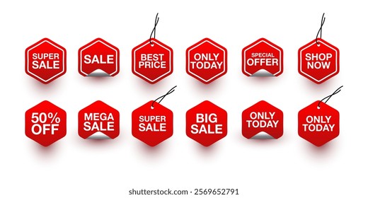 Collection of red stickers or vector sale icons. special offer, big sale, shop now, only today, sale, best price, Sale, 50% off