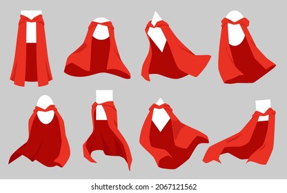 Collection of red super hero cape with white empty badges or emblems in various shapes inside, flat vector illustration isolated on grey neutral background.