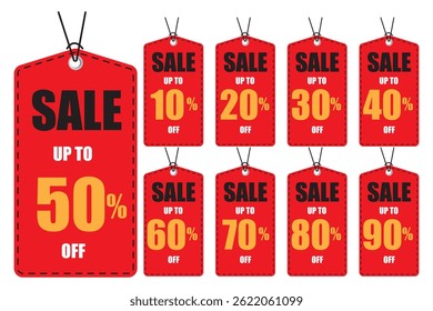 Collection of red tag label for up to 10 to 90 percent  off for marketing sale discount special off to customer in end year sale , midnight sale concept by illustration and EPS file.