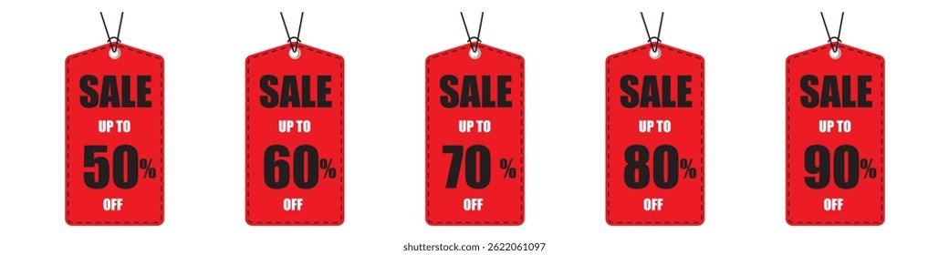Collection of red tag label for up to 50 to 90 percent  off for marketing sale discount special off to customer in end year sale , midnight sale concept by illustration and EPS file.
