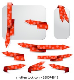 Collection of red textured arrows bookmarks and gray paper on the white background