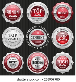 Collection of red top quality badges with silver border