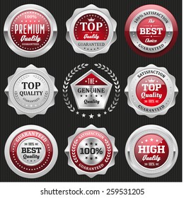 Collection of red top quality badges with silver border