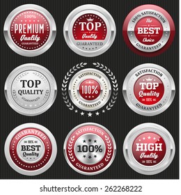 Collection of red top quality badges with silver border