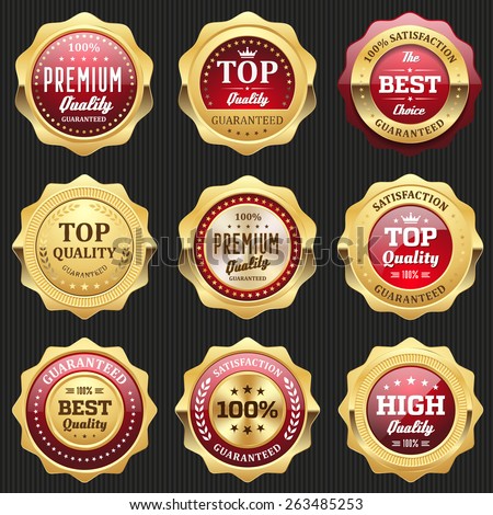 Collection of red top quality badges with gold border