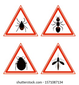 Collection of red triangular warning signs and symbols with icons of pests, tick, ant, fleas and mosquito. Stop hazards signal with insects, bugs, parasite. Stock vector isolated on white background.