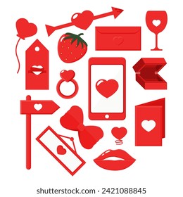 Collection of Red Valentine Icon Elements for Decoration. Includes Cell Phone, Arrow, Balloon, Envelope, Glass, Ring, Ribbon, Strawberry, Lip, Sign.