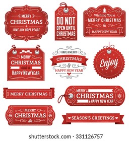 Collection of red vector christmas labels, ribbons and ornaments.