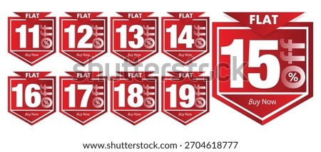 Collection of red vector discount stickers from Flat 11% to 19% off. Perfect for mid-range sales, seasonal promotions, and clearance events.