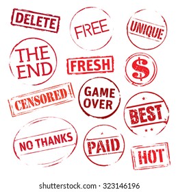 Collection of red vector grunge stamps. Icon and outline illustration.