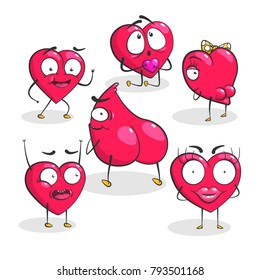 Collection of red vector hearts. Emotions of love. Hearts for Valentines Day. Characters isolated on white background.