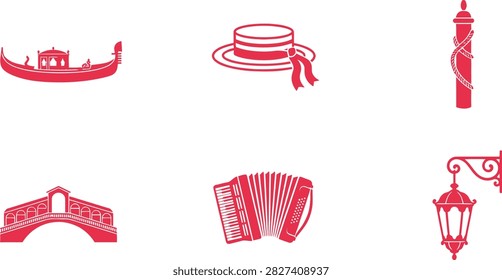A collection of red vector icons representing Venetian culture including a gondola, a straw hat, a mooring pole, a bridge, an accordion, and a street lamp.