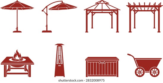 A collection of red vector icons representing various outdoor garden furniture, patio structures, and heating equipment.