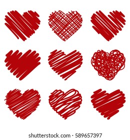 collection of red vector painted heart on white background