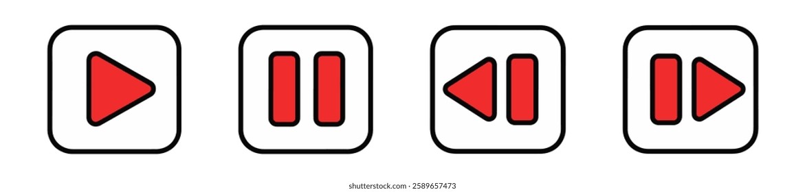 A collection of red video playback buttons including play, pause, stop, rewind, and fast-forward icons. Ideal for multimedia applications.