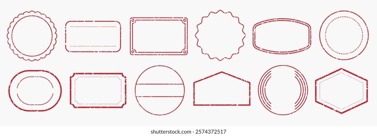 Collection of red vintage frames. Vintage frames in various shapes: oval, circular, rectangular. Red frames ideal for labels, designs, and vintage projects. Red stamps, vector set.