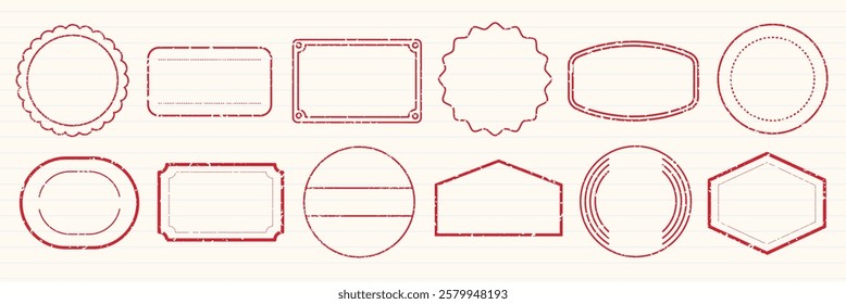 Collection of red vintage stamp frames. Various shapes: oval, circular, rectangular. Perfect for vintage designs, retro themes, and creative projects. Red stamps, vector set.