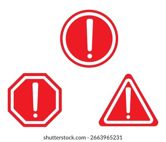 Una colección de signos de advertencia rojos con un signo de exclamación, cada uno en una forma diferente: círculo, triángulo y octágono. Aislado en un fondo blanco. 