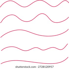 Sammlung von roten Wellenlinien für Design-Elemente und dekorative Zwecke, Doodle fließende Linien, Bleistiftstriche Pinsel